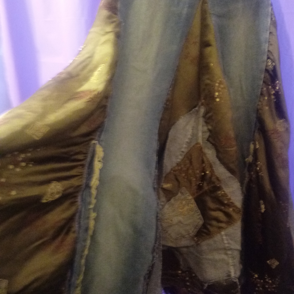 Eclectic denim and olive brocade skirt